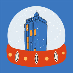 Stylized snow globe with a modern building and snowflakes
