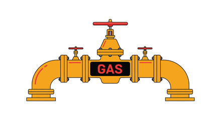 Yellow Gas Pipe Valve with Red Handles and Black Label