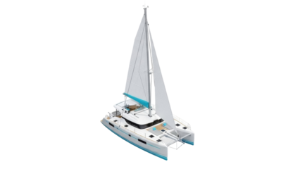 Isolated Yacht Catamaran for Luxury Vacation, Blue Accent Trim and Full Sails Ready for Cruising