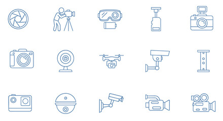 Blue line camera and video equipment icons set including photography filmmaking security and action devices