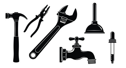 Black and White Illustration of Various Plumbing and Handyman Tools