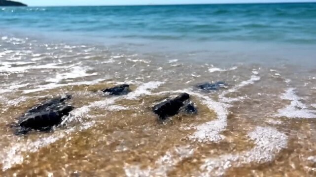 A group of tiny baby sea turtles embark on their incredible and vulnerable journey from the sandy beach towards the vast, shimmering ocean. These determined hatchlings are seen meticulously crawling a