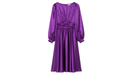 Isolated purple dress with long sleeves, pleated details at the waist, and a round neckline