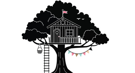 Whimsical Treehouse with Colorful Bunting and Birdcage