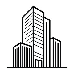 Minimalist black and white line art icon featuring modern city skyscrapers and high-rise structures isolated on white background, Vector, illustration