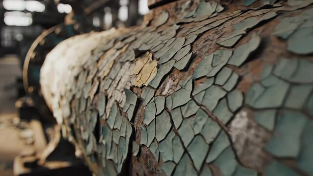 Rusty pipe reveals layers of peeling paint and worn surfaces in old factory building. Sunlight filters through windows highlighting textures. Concept of industrial decay and preservation