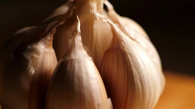 Close-up of garlic head; raw ingredient in warm light