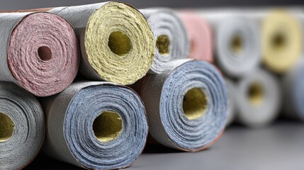 Medium shot capturing multilayer thermal insulation rolls stacked neatly featuring combined materials for enhanced thermal resistance in building cladding systems.