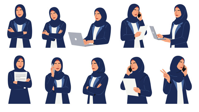 Set of a modern Muslim businesswoman in a hijab and suit, shown in various poses such as working on a laptop and talking on the phone.