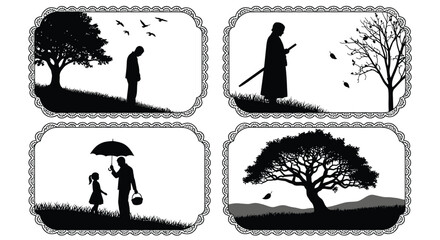 Silhouette Scenes of People and Trees in Nature Black and White
