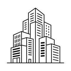 Black and white line art illustration of a modern cityscape with tall skyscrapers and urban buildings isolated on white background, Vector, illustration