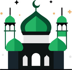 Green mosque architecture featuring minarets and crescent moon for islamic religious celebration