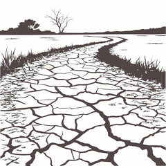 Dry riverbed with cracked earth and sparse vegetation © mukul