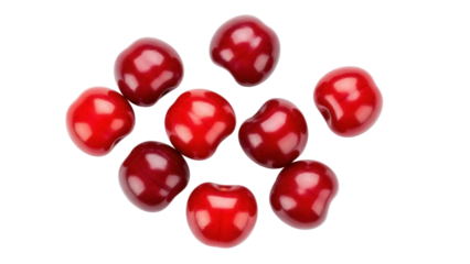 Isolated glossy red cherries, plump and tempting, in an eye-level still life arrangement