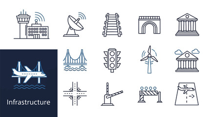 Infrastructure Icons Set, Transportation and Architecture Symbols