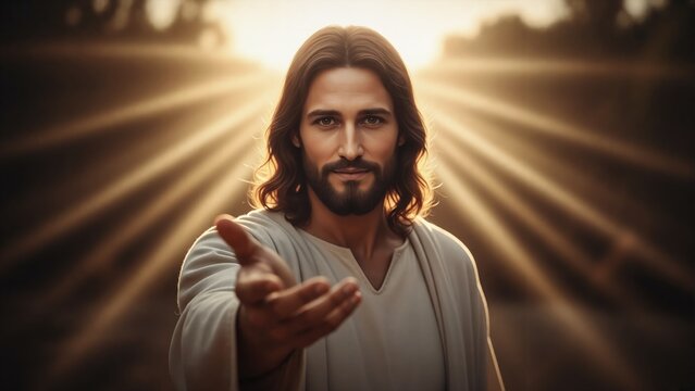 Jesus Christ reaching out with open hand in welcoming gesture. Son of God offering salvation and hope with divine light. Concept of faith, religion, and christianity