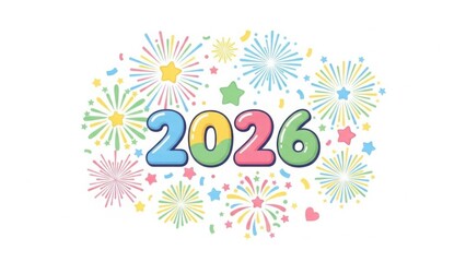 Cute Pastel 2026 New Year Celebration Illustration with Colorful Fireworks and Stars