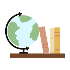 Educational tools present on a desk include a globe and books arranged for study and learning purposes