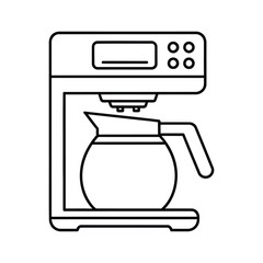A black and white line art illustration of a modern automatic drip coffee maker with a carafe isolated on white background, Vector, illustration