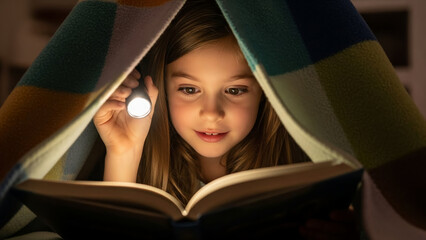 Girl reading under blanket with flashlight and smiling at night  