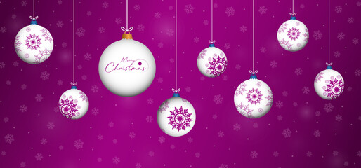 Purple pink merry chrismas card design with winter snow, snowflakes, 3d bauble vector. Winter holidays concept card design to use for merry christmas greetings, winter advert, happy new year card.