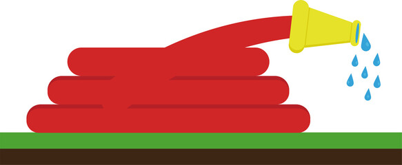 Red garden hose sprays water droplets onto lush green grass, illustrating irrigation for plant life. © PixArtAI