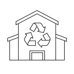 Black and white line drawing of a building with a large recycling symbol on the front isolated on white background, Vector, illustration