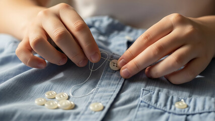 Girl attaching buttons to shirt while sewing on blue fabric  