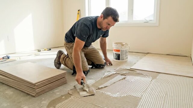 Man lays tiles on smooth floor using trowel. Light fills the clean room as he focuses on task. Concept of home improvement, flooring, renovation, construction
