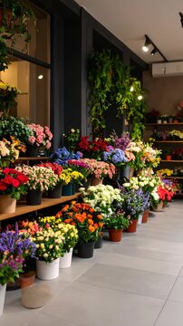 Flower shop display with shelves filled with colorful roses, hydrangeas, and various blooms in pots along a grey tiled floor.