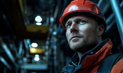 Low-angle portrait of a man working as an oil rig worker in an industrial plant at night. The image captures the determination, strength, and resilience of professionals working, Generative AI