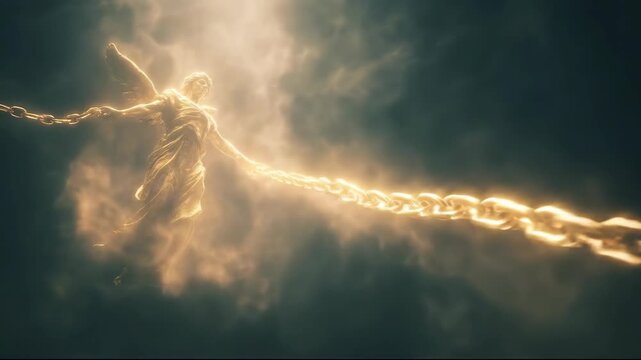 A spiritual glowing man saint figure with wings holding a radiant golden chain against dark clouds. Supernatural angelic power against evil.
