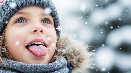 Child catching snowflakes with tongue while smiling in winter snow	
