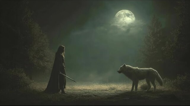 Warrior woman with sword encounters white wolf at night under full moon. Digital fantasy art for spiritual conflict.