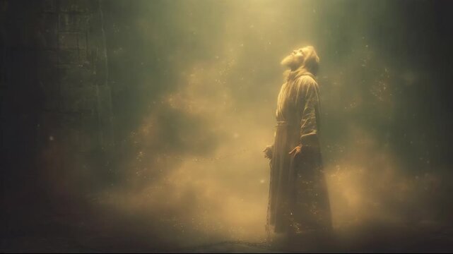 Old man with chain looking up in heavenly light, then dropping gaze, in dark prison or mystical place.