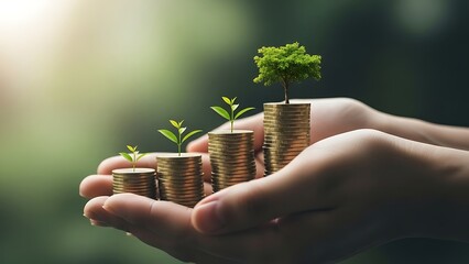 A person nurturing growth with coins and a small tree in their hand