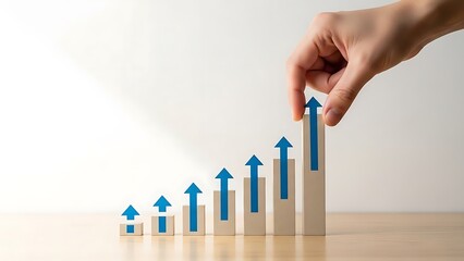 A hand adjusting a growing bar graph with ascending blue arrows on a wooden surface