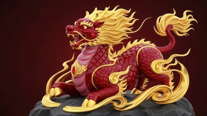 Fototapeta premium Ornate red and gold Chinese dragon statue on pedestal.