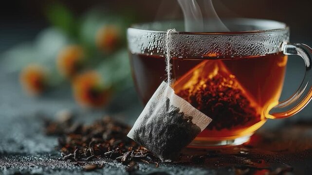 Aromatic Brew: A steaming cup of tea, with tea bag immersed in the amber liquid, captures the essence of a warm, inviting drink.