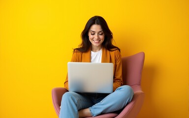 Naklejka premium Photo of successful adorable lady wear trendy clothes sitting chair use wireless netbook macbook isolated on yellow color background. High quality