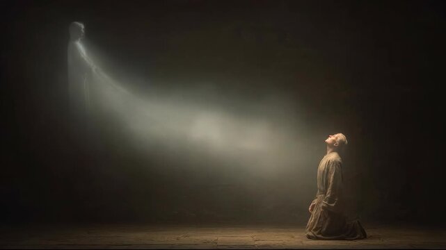 Man praying to saint in mystical light, spirit apparition, religious devotion, salvation concept.