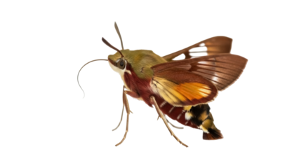 Isolated Hummingbird Clearwing Moth, also called Hemaris thysanus, beautiful insect with wings