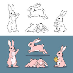 Cute Cartoon Easter Bunny Character Set - 4 Poses (Running, Waving, Dreaming, Holding Egg)