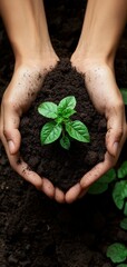 seedling growing in ecology with a person's hands in the soil, symbolizing environmental responsibility and sustainable agricultural practices. The focus is on eco-friendly farming, Generative AI