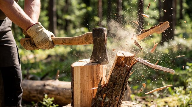 Strong Hands Wearing Work Gloves Chopping Firewood with an Axe, Creating Flying Wood Splinters in a Sunny Forest, Highlighting Outdoor Labor