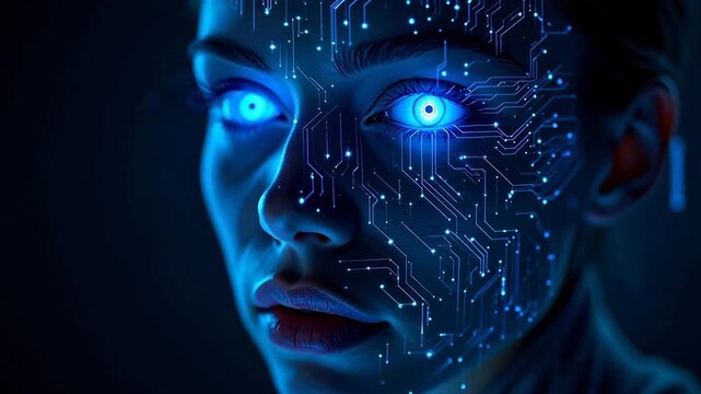 cybernetic face with glowing eyes