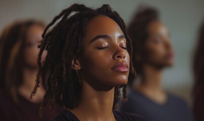 group of diverse individuals practicing meditation in a studio, focusing on mindfulness, spirituality, and mental health. A peaceful and stress-free environment for relaxation and well, Generative AI