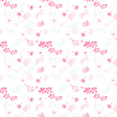 pattern con fiori rosa misti e rami con foglie verdi