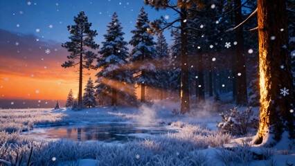 Fototapeta premium Golden sunset rays shine through snowy pine forest onto frozen pond with drifting mist and falling snowflakes in foreground, calm magical winter fairytale atmosphere
