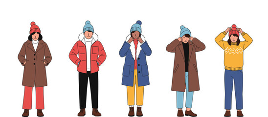 Vector illustration set of five diverse people wearing warm winter clothing including puffer jackets, wool coats, sweaters, and beanies for cold weather fashion designs.